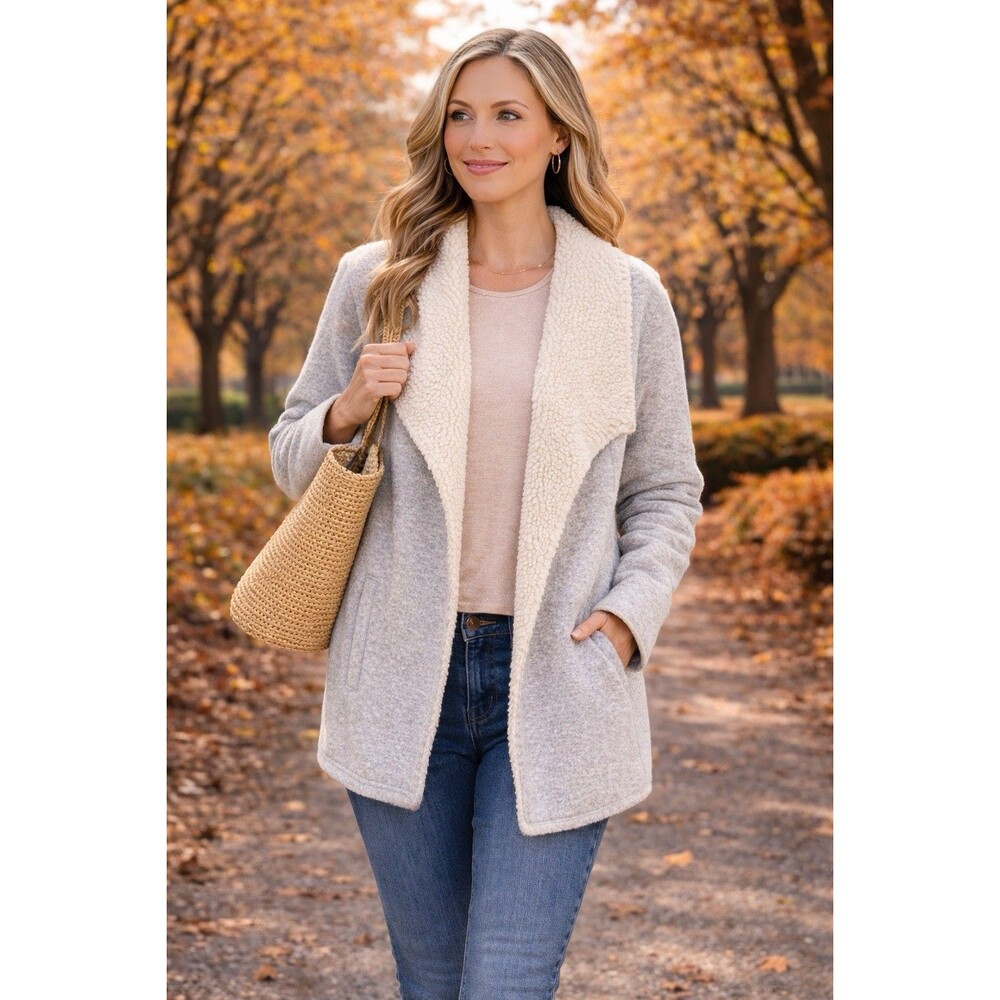 L L Bean Fleece Sherpa Trimmed Quilted Gray Open Front XL Cardigan Jacket